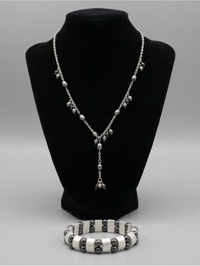 Silver Tone & Hematite Beaded Necklace Bracelet Set | Y2K Modernist Jewelry